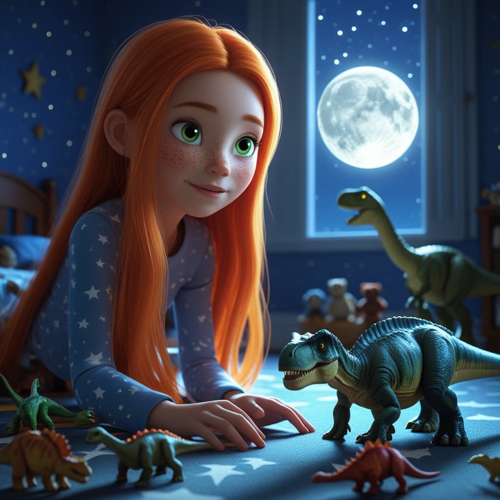 Dinosaur toys magically growing in Angie's bedroom under moonlight