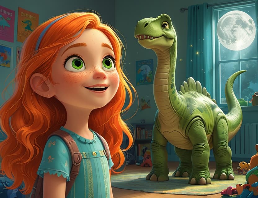 Dinosaur toys magically growing in Angie's bedroom under moonlight
